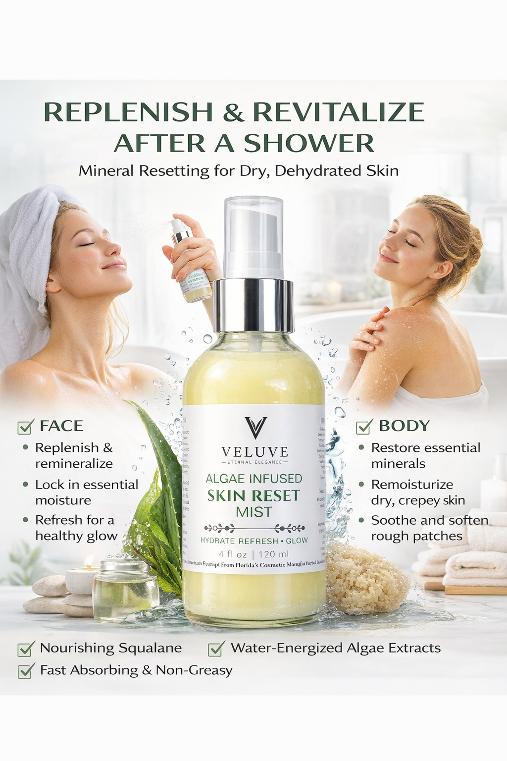 Algae Infused Skin Reset Mist Unscented, Hydrating Face & Body Glow Spray