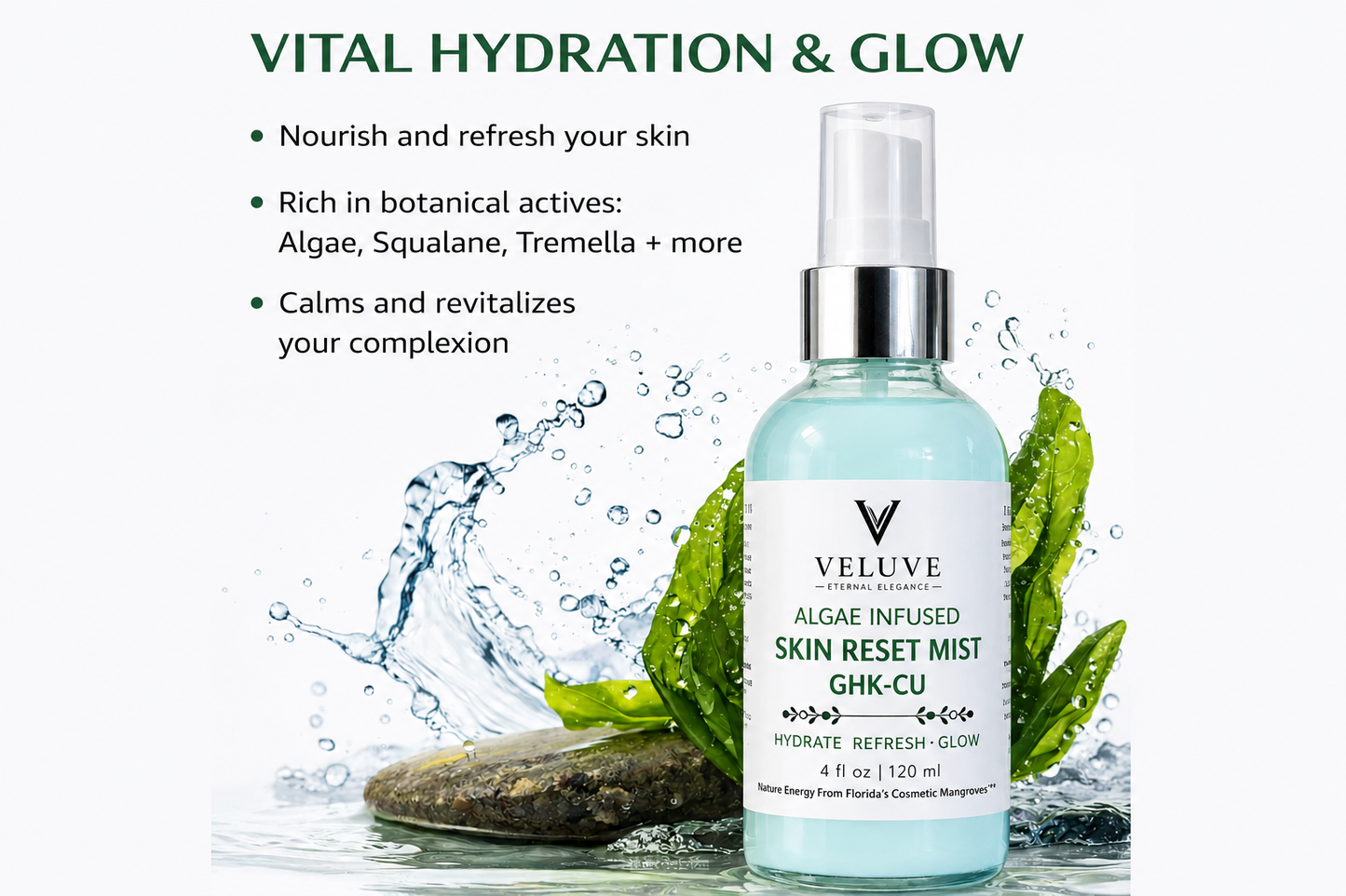 Algae, Tremella & GHK-Cu Infused Skin Reset Mist, Hydrating Face & Body Glow Spray 4 oz