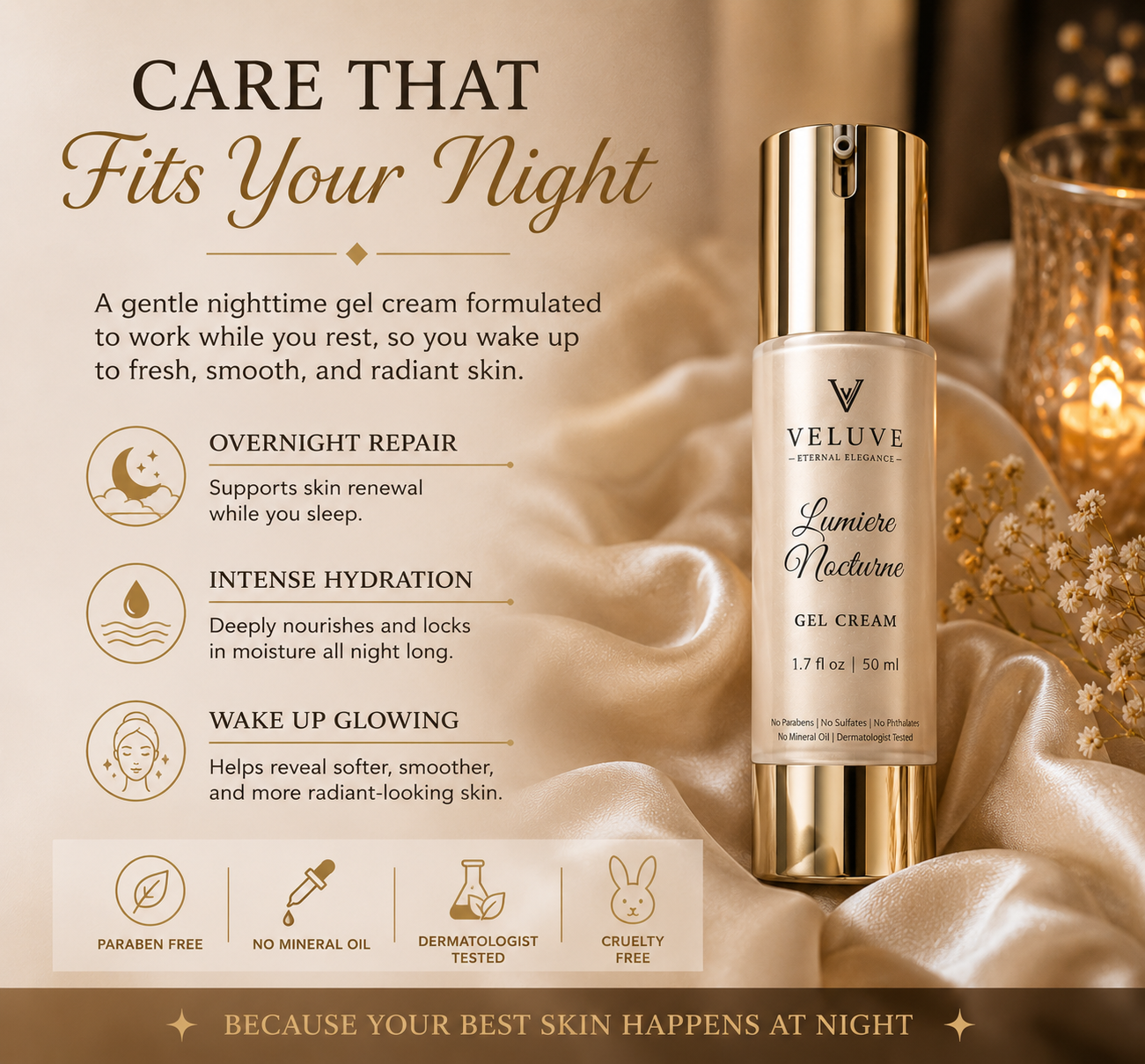 Veluve Lumière Nocturne Gel Cream | Overnight Botanical Renewal Moisturizer